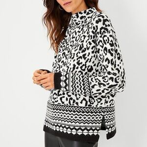 Ann Taylor Monochrome Cheetah Knit Mock Neck Sweater